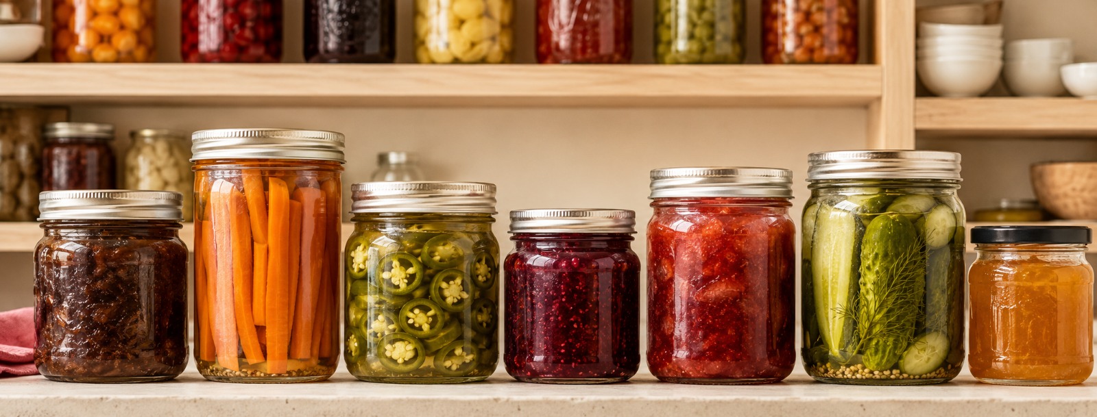 Colourful homemade preserves in glass jars